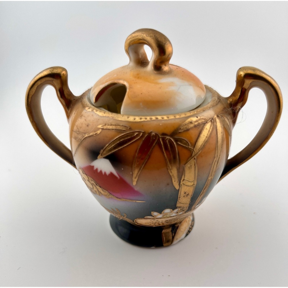Nippon Sugar Bowl Unisex OS Gold Antique Mount Fuji Bamboo Hand Painted Lid